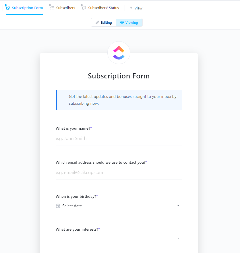 Subscription Form Template by ClickUp™